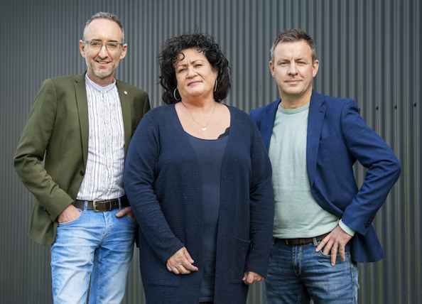 DEVENTER - Henk Vermeer, Caroline van der Plas en Wim Groot Koerkamp, oprichters van de BoerBurgerBeweging. Groot Koerkamp en Vermeer waren ten tijde van de oprichting van de partij vennoten van ReMarkAble communicatie B.V. (ANP / ANP)
