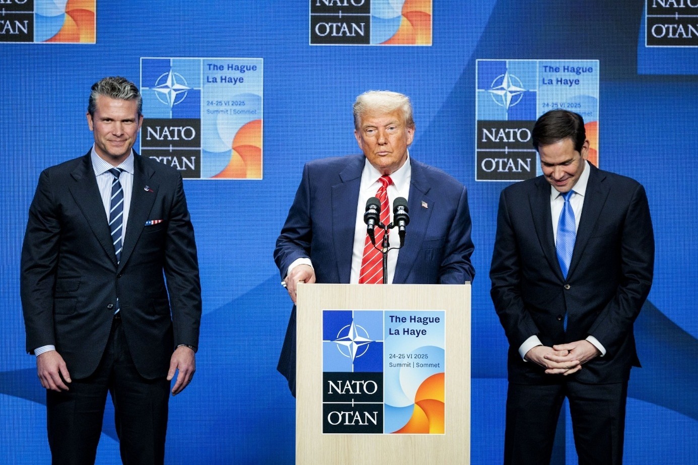 Donald Trump, president van de Verenigde Staten, tijdens zijn persconferentie na afloop van de NAVO-top in Den Haag. Bron ANP - Ramon van Flymen
