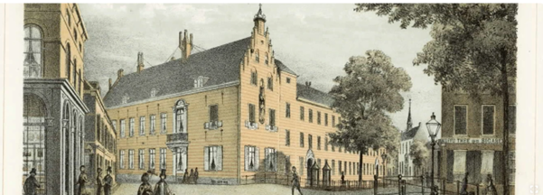 Gezicht op de Pausdam te Utrecht met links de huizen aan weerszijden van Achter de Dom, in het midden Paushuize op de hoek van Achter St.-Pieter (links) en de Kromme Nieuwegracht (rechts) en geheel rechts het hoekhuis van de oostzijde van de Nieuwegracht. 35948 / collectie Het Utrechts Archief - 1859-1860 Publiek Domein 1.0