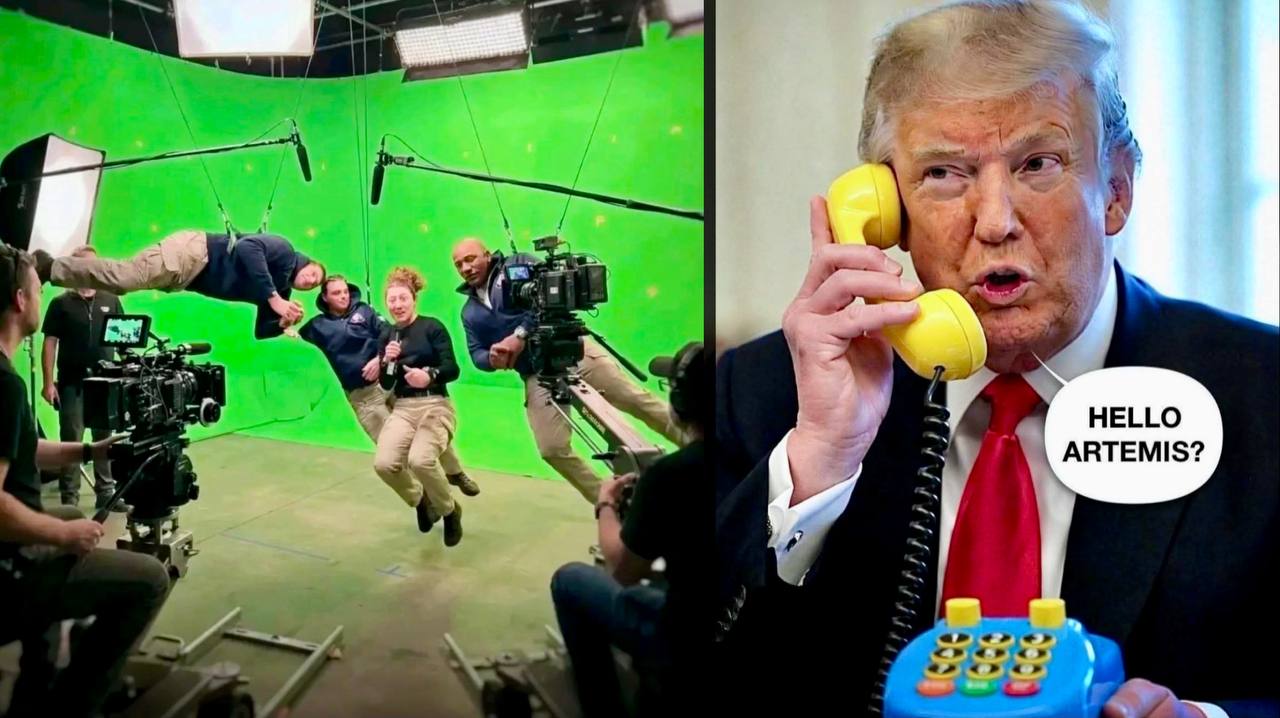  Trump aan de speelgoedtelefoon is Nixon die belt naar een soundstage.