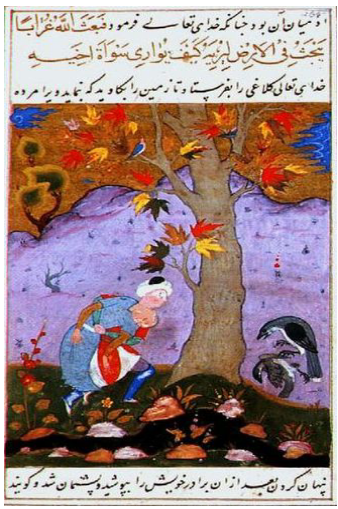 Islamitische miniatuur: Kaïn en Abel — het eerste bloed, door jaloezie en bedrog.