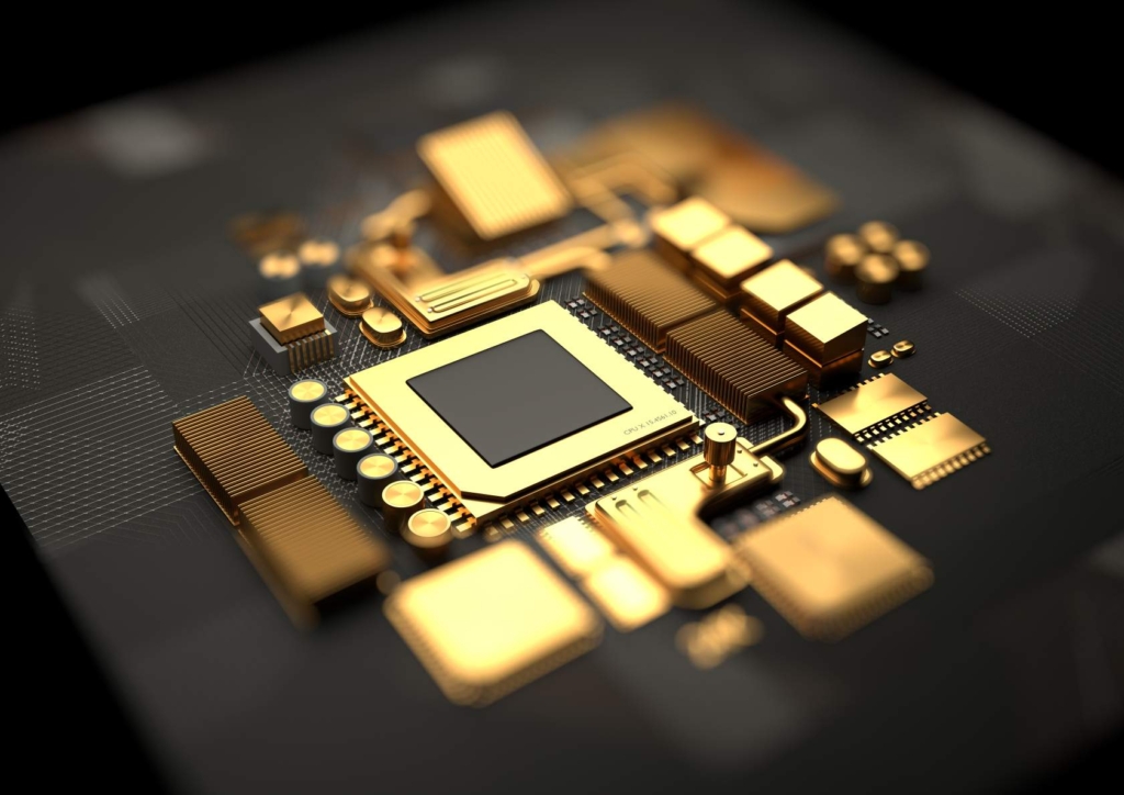 Een conceptafbeelding van CPU- en moederbordchipsetcomponenten gemaakt van goud. © Afbeelding: Solarseven | Gelicentieerd van DreamsTime.com (Stockfoto voor redactioneel/commercieel gebruik)