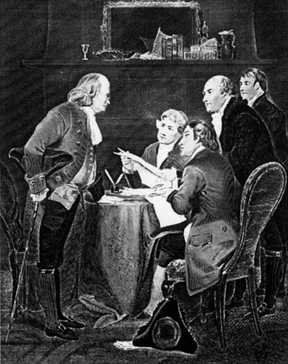 Franklin, Jefferson, Adams, Livingston, en Sherman bij het opstellen van de verklaring in 1776. Gravure naar Alonzo Chappel.
